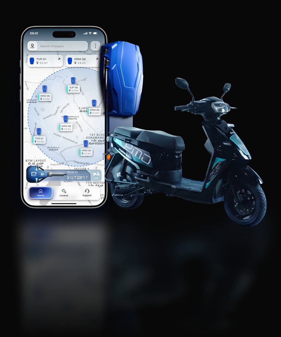 The EMO RiderApp showing nearby charging stations on a phone, beside an EMO charger and an EMO electric scooter
